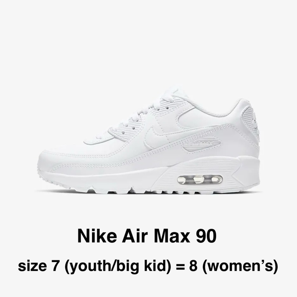 Nike White Air Max 90 Boys' Grade School,  Women’s 8